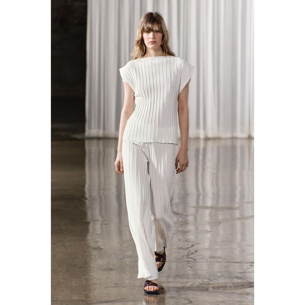 Zara Pleated Wide Leg Pants White M Accordion Plisse High Rise NWT